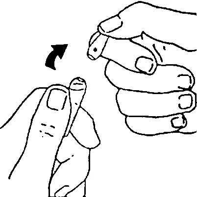 Drawing showing two hands, one holding a small object and the other making a rotational movement indicated by a black arrow