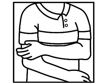 Línea en blanco y negro que representa el torso de una persona con camiseta polo, con los brazos cruzados sobre el pecho y las manos reposando sobre los hombros