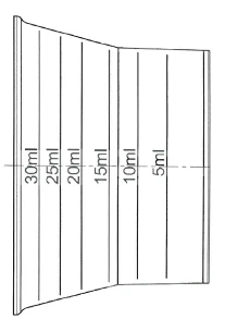 Scala volumetrica schematica con linee verticali e indicazioni in millilitri da 5 ml a 30 ml posizionata su un contenitore o siringa disegnata