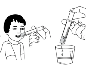 Disegno che raffigura una persona che somministra un farmaco con una siringa alla bocca di un bambino e un'altra azione di versare il liquido dalla siringa in un bicchiere
