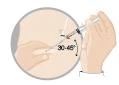 Hand holding a syringe inserting the needle into the skin at an angle of 30 to 45 degrees, indicated by a black directional arrow and numerical markings on a light background