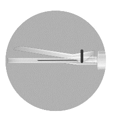Schematic drawing of a white, elongated medical device with a black component and a vertical line on a gray circular background