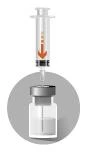 Transparent syringe with an orange downward-pointing arrow approaching a glass vial containing medication, placed on a gray circular background
