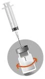 Syringe with needle inserting into the rubber stopper of a vial containing liquid, surrounded by an orange arrow indicating rotational movement