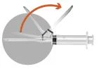 Diagram showing the movement of a syringe with needle, where an orange arrow indicates rotational motion in an arc above a gray circle