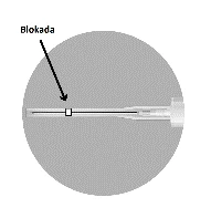 Schematic illustration of a syringe with a thin needle, featuring a small white square marked with an arrow labeled 'Lock'