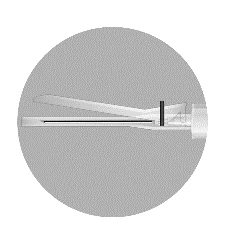 Schematic cross-section of a medical device showing a needle and a blocking element placed on a gray circular background