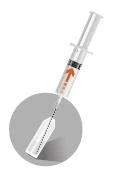 Transparent syringe with an orange arrow pointing downward, with an inset showing a close-up of the thin needle and its tip