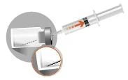 Syringe with needle inserted into the rubber stopper of a medication vial, orange arrow indicating the direction of drawing fluid into the syringe plunger