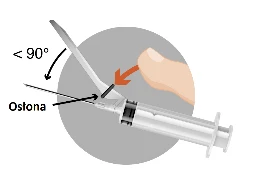 Close-up of a syringe held between fingers, with the needle angled at less than 90 degrees relative to the safety shield and a black arrow indicating direction