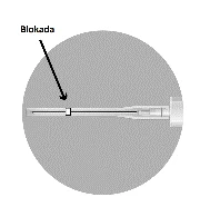 Grafica schematica che mostra un ago con freccia nera rivolta verso un piccolo elemento quadrato contrassegnato dalla scritta Blocco, su sfondo grigio