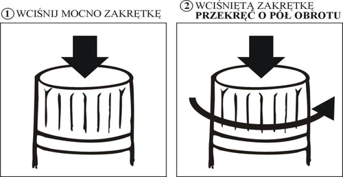 Schemat instrukcji: czarna strzałka skierowana w dół na zakrętkę oraz druga grafika z tą samą strzałką i zakrzywioną linią wskazującą obrót o pół obrotu