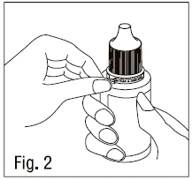 Two hands holding and unscrewing a white bottle with a dark pump dispenser cap on a light background next to the label Fig. 2