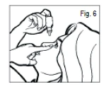 Illustration showing hands holding a nasal dispenser at a person's nose, while the index finger of the other hand points into the nostril