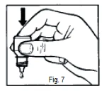 Hand holding a small medicine bottle with a single drop falling from it; a black downward-pointing arrow is shown above the bottle