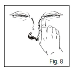 Illustration of a person's face with the index finger touching the corner of the eye, suggesting medication application or eye examination