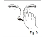Illustration showing a hand with the index finger touching the corner of the eye, demonstrating the method of applying medication directly into the eye