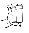 Dibujo en blanco y negro que muestra una mano sujetando firmemente un recipiente o envase del medicamento colocado verticalmente con una abertura visible en la parte inferior