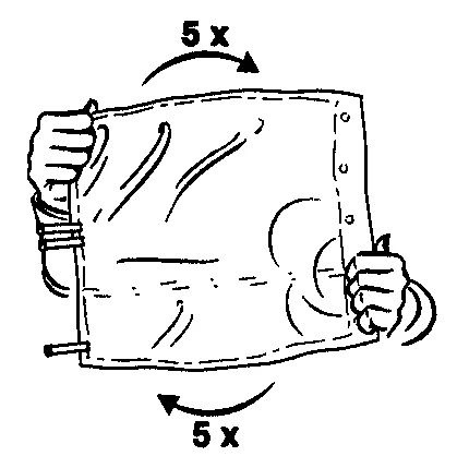 Due mani tengono e ruotano un materiale verso l'alto e verso il basso, movimento simboleggiato da due frecce con la scritta 5x che indica la ripetizione del gesto per cinque volte