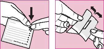 Two hands tearing open a medication package; the left side shows peeling off the top layer, the right side shows splitting the sachet in half