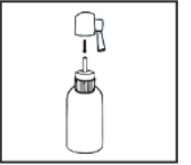 Diagram showing screwing the atomizer head onto the medicine bottle neck, indicated by a black downward-pointing arrow