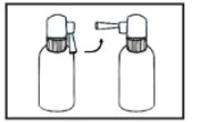 Diagram depicting two bottles with atomizers, where a syringe is being transferred from one bottle to another using a curved arrow