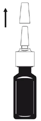 A black syringe with a cap, above which hovers a second cap, with a black upward-pointing arrow indicating the direction of movement