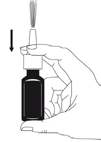 A hand holding a dark bottle with a cap, above which a syringe is shown with a black downward-pointing arrow indicating the direction of movement