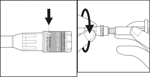 Two instructions: a black arrow pointing to the medication label, and hands unscrewing the syringe tip using a rotational motion