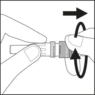 Two hands holding a medical device, with arrows indicating rotational movement of the device and lateral displacement along the horizontal axis