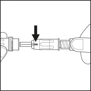 A black arrow pointing to a vertical line on the housing of a medical device held between the user's hands
