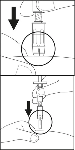 Instructional schematic showing two stages of using an auto-injector, with black arrows indicating the direction of device movement toward the body