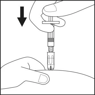 Hand holding a syringe with a needle, directing it downward toward the abdomen held by the other hand, with a black arrow indicating the direction of movement