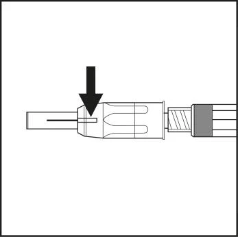 Black arrow pointing downward to the needle tip attached to the plastic part of a syringe on a white background