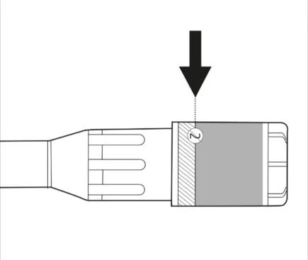 Schematic drawing of a medical device with a black arrow pointing vertically downward onto a gray element with a circular symbol of the number two