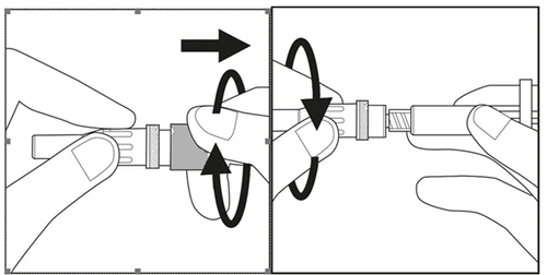 Hands holding a medical device component, demonstrating turning the part clockwise and counterclockwise according to black rotation arrows