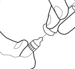 Two hands holding a medicine vial and a syringe, demonstrating piercing the vial's rubber stopper with a needle to draw the medication