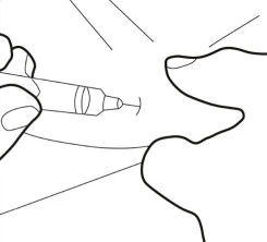 Hand holding an injection pen with a needle, positioning it against the skin to administer medication, shown as a schematic line drawing