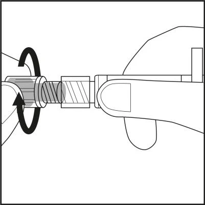 Hand holding a medical drill being rotated to the left, suggesting a screwing or tightening process, on a white background