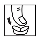 Black icon showing an index finger pressing down on the top of a small, round container with a black arrow pointing downward