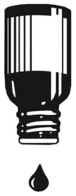 Black graphic showing an inverted medication bottle with a single drop of liquid flowing below the container