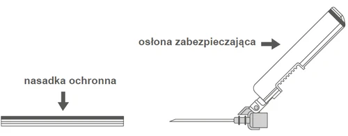 Schematyczna ilustracja przedstawiająca nasadkę ochronną oraz osłonę zabezpieczającą urządzenia medycznego z zaznaczonymi strzałkami kierunkowymi