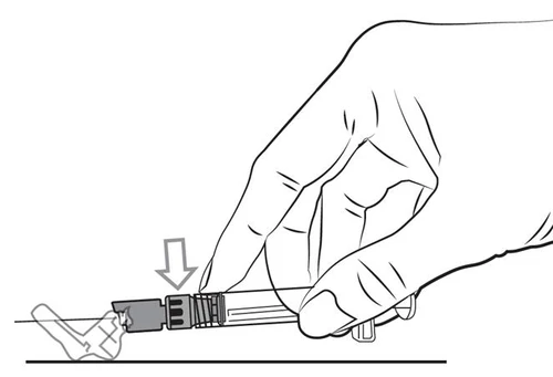 Hand holding a syringe with a needle, arrow indicating direction of removing or attaching the cap to the medical device tip