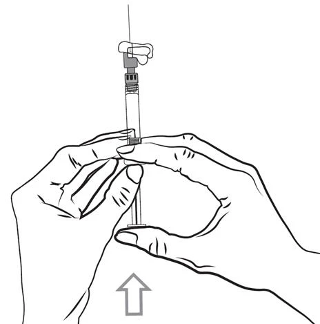Two hands holding a syringe with a needle, one hand gripping the barrel and the other stabilizing the base, an arrow indicating upward movement