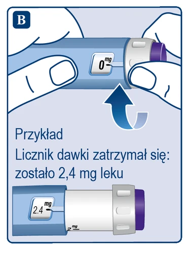 Close-up of a blue injector with the counter showing 0 mg and a diagram illustrating the device set to deliver 2.4 mg of medication