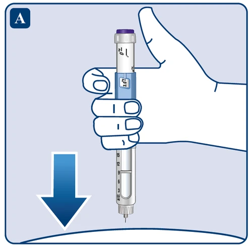 Hand holding a vertical white injector with a purple knob, pointing toward a surface, with a blue arrow indicating downward movement