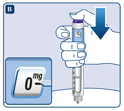 Hand holding a white injector with a blue arrow pointing downward and a close-up of the viewing window displaying 0 mg
