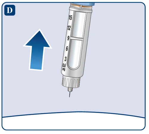 White injector with a milliliter scale held vertically upward, with a blue arrow next to it indicating upward movement on a light background