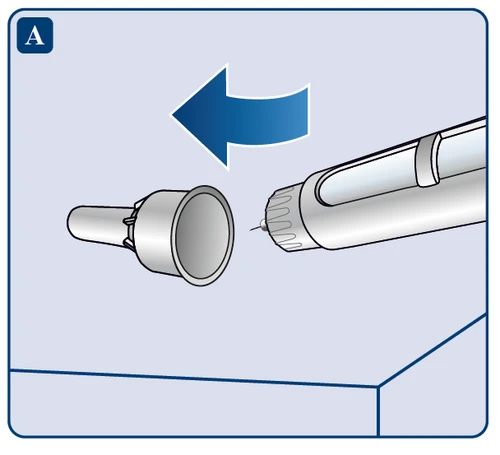 White injector with a blue arrow indicating leftward sliding motion to remove the cap from the device