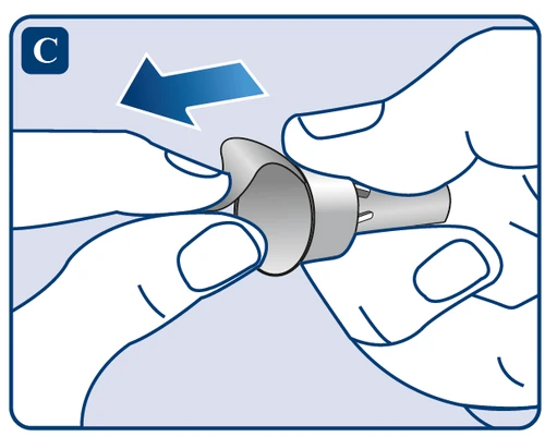 Two hands removing a silver cap from the device tip, sliding it to the left according to the blue directional arrow on a light background
